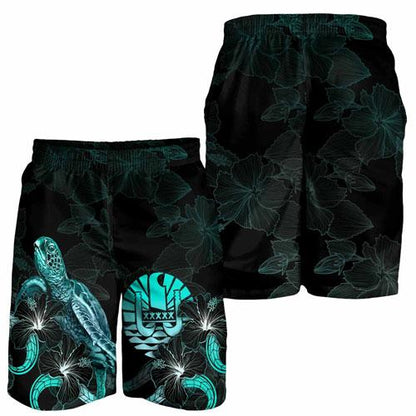 Tahiti Polynesian Men Shorts - Turtle With Blooming Hibiscus Turquoise