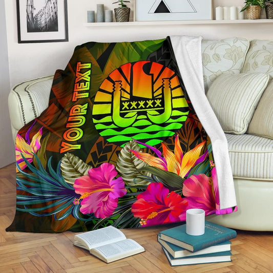 Tahiti Polynesian Personalised Premium Blanket -  Hibiscus and Banana Leaves