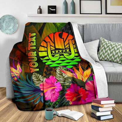 Tahiti Polynesian Personalised Premium Blanket -  Hibiscus and Banana Leaves