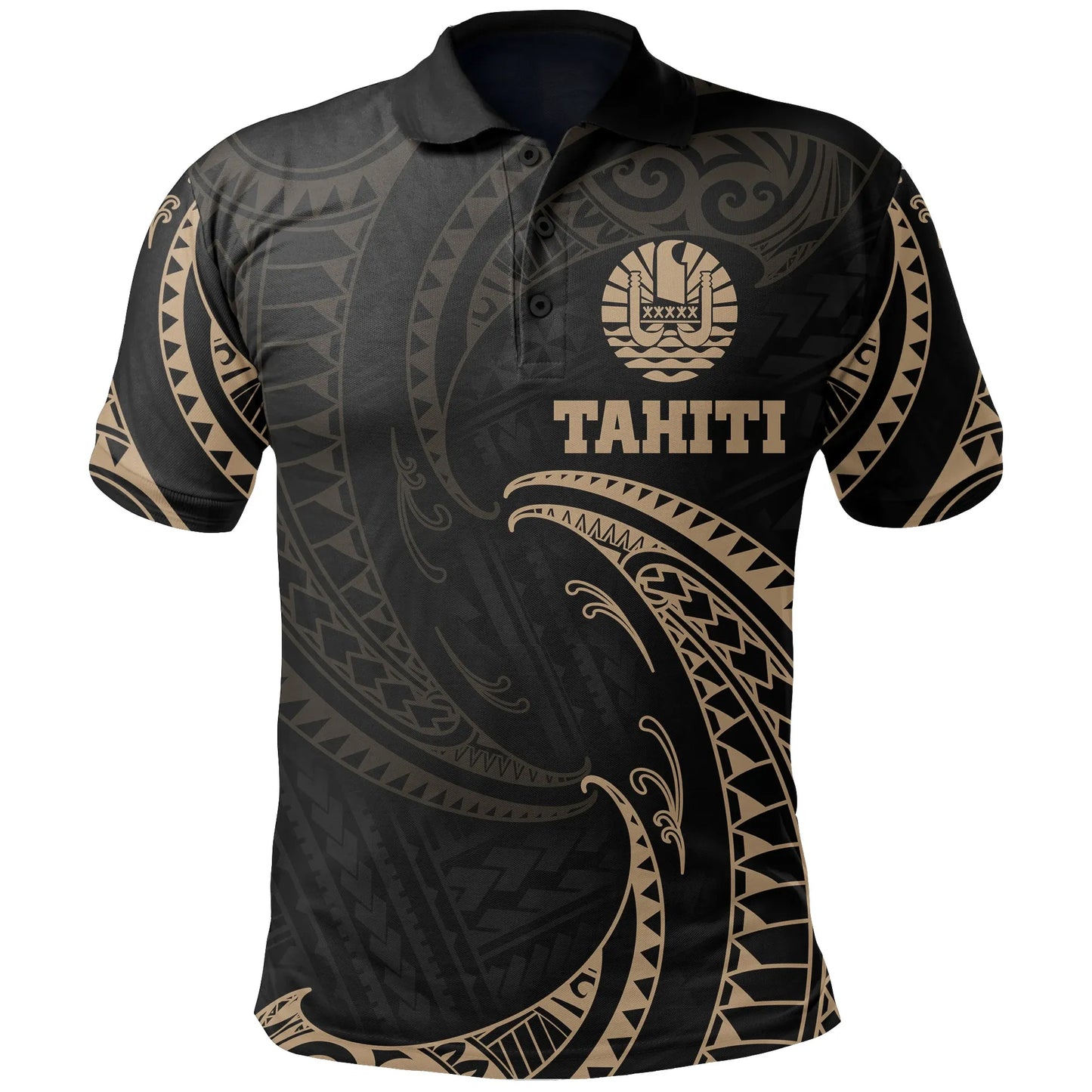 Tahiti Polynesian Polo Shirt - Gold Tribal Wave