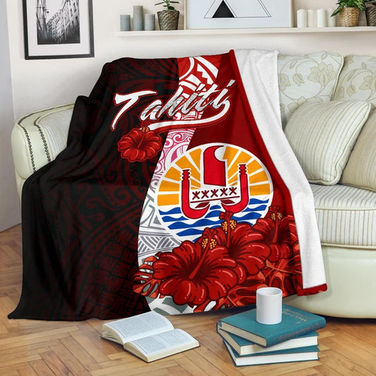 Tahiti Polynesian Premium Blanket - Coat Of Arm With Hibiscus