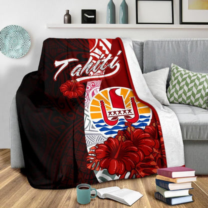 Tahiti Polynesian Premium Blanket - Coat Of Arm With Hibiscus
