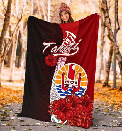 Tahiti Polynesian Premium Blanket - Coat Of Arm With Hibiscus