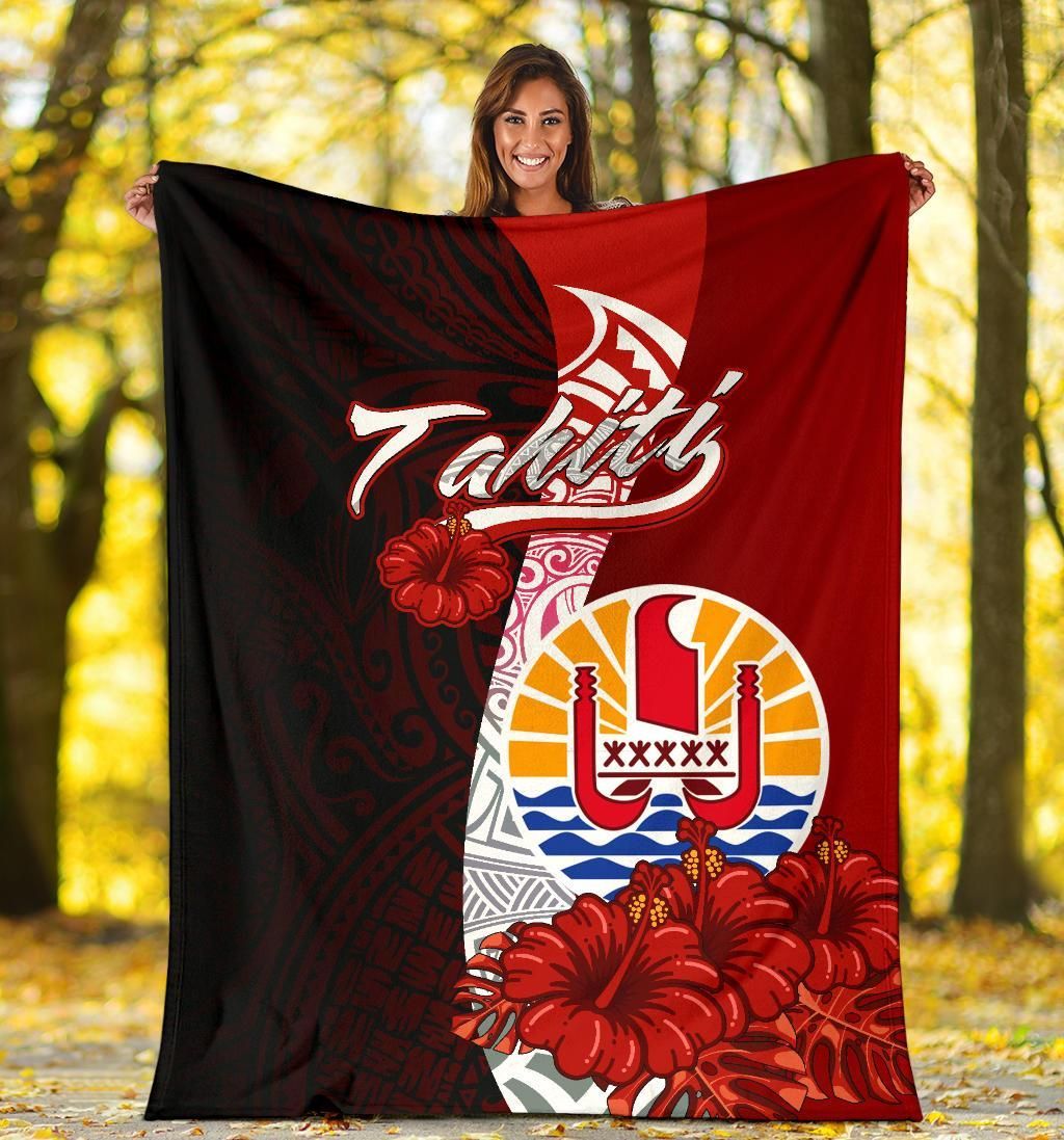 Tahiti Polynesian Premium Blanket - Coat Of Arm With Hibiscus