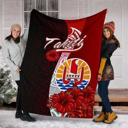 Tahiti Polynesian Premium Blanket - Coat Of Arm With Hibiscus