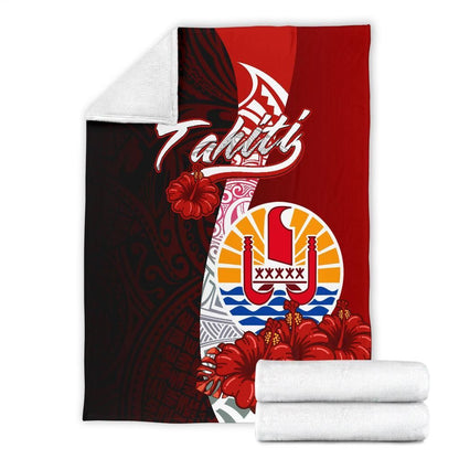 Tahiti Polynesian Premium Blanket - Coat Of Arm With Hibiscus