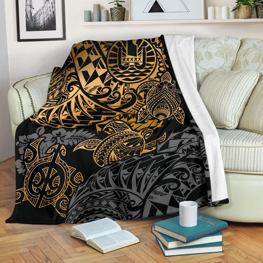 Tahiti Polynesian Premium Blanket - Gold Turtle Hibiscus Flowing