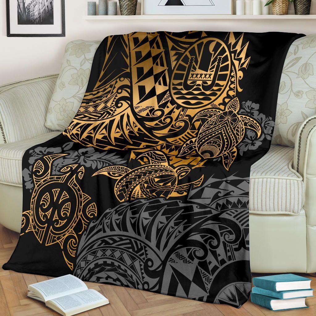 Tahiti Polynesian Premium Blanket - Gold Turtle Hibiscus Flowing