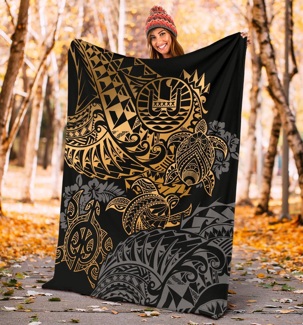 Tahiti Polynesian Premium Blanket - Gold Turtle Hibiscus Flowing