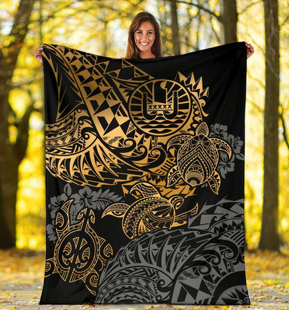 Tahiti Polynesian Premium Blanket - Gold Turtle Hibiscus Flowing