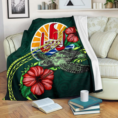 Tahiti Polynesian Premium Blanket - Green Turtle Hibiscus