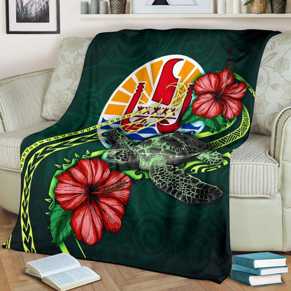 Tahiti Polynesian Premium Blanket - Green Turtle Hibiscus