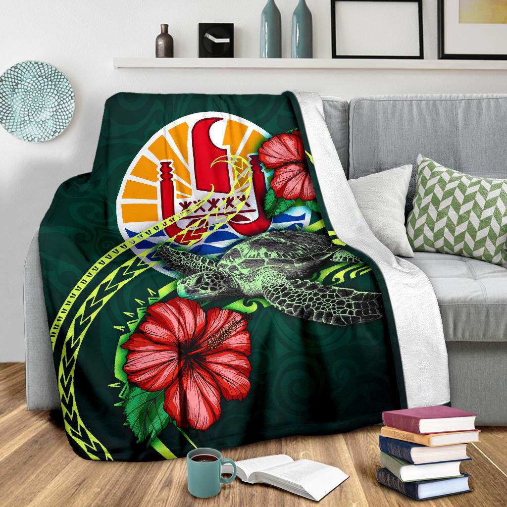 Tahiti Polynesian Premium Blanket - Green Turtle Hibiscus
