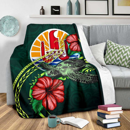 Tahiti Polynesian Premium Blanket - Green Turtle Hibiscus