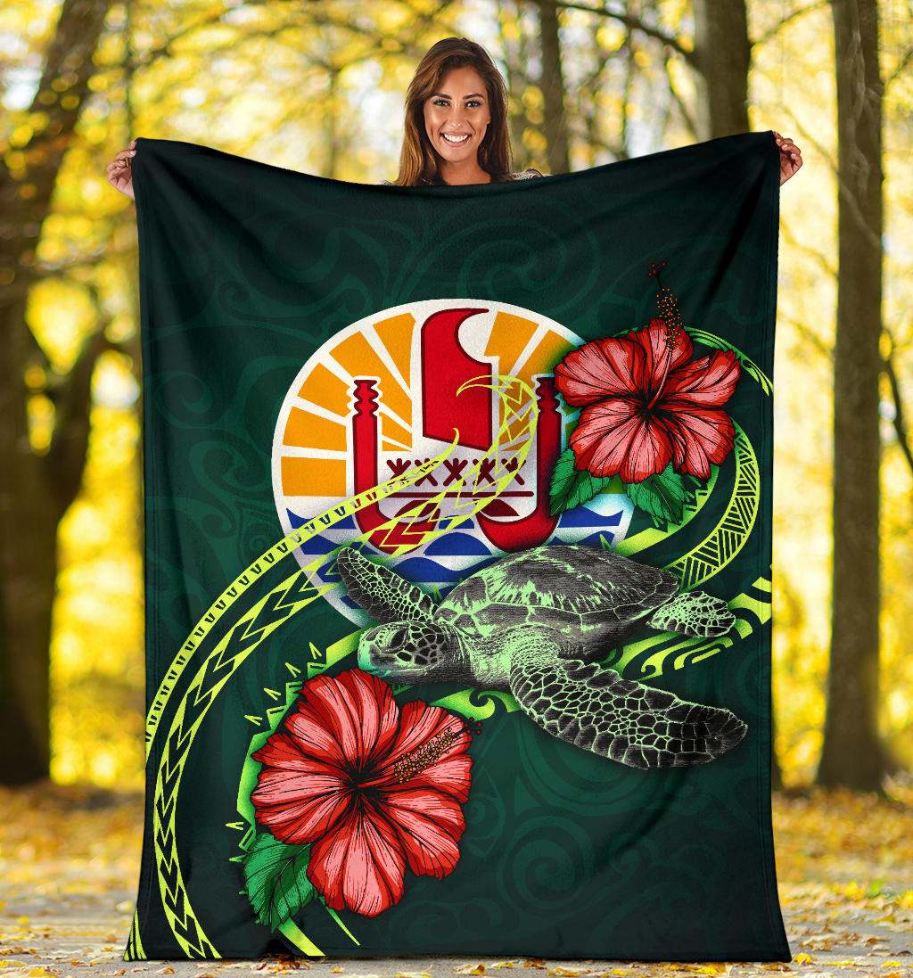 Tahiti Polynesian Premium Blanket - Green Turtle Hibiscus