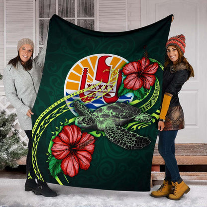 Tahiti Polynesian Premium Blanket - Green Turtle Hibiscus