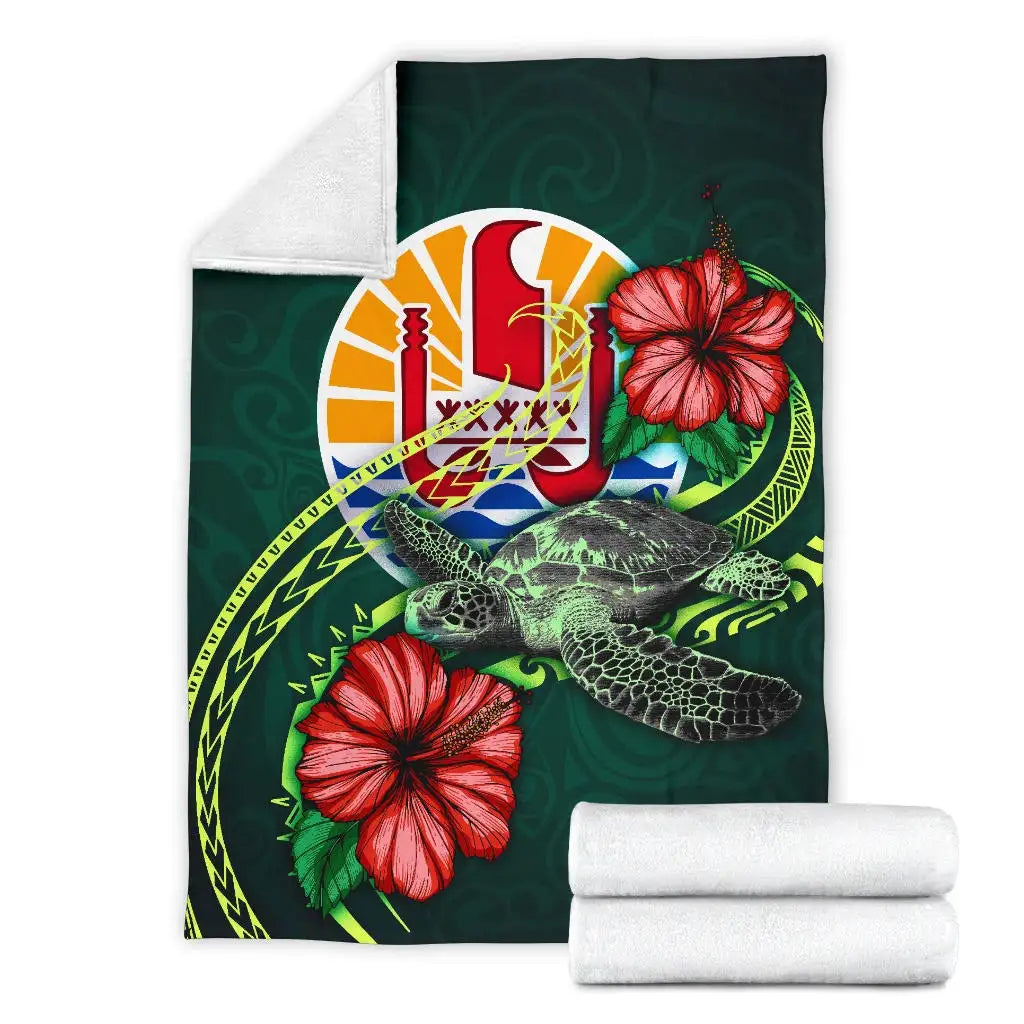 Tahiti Polynesian Premium Blanket - Green Turtle Hibiscus