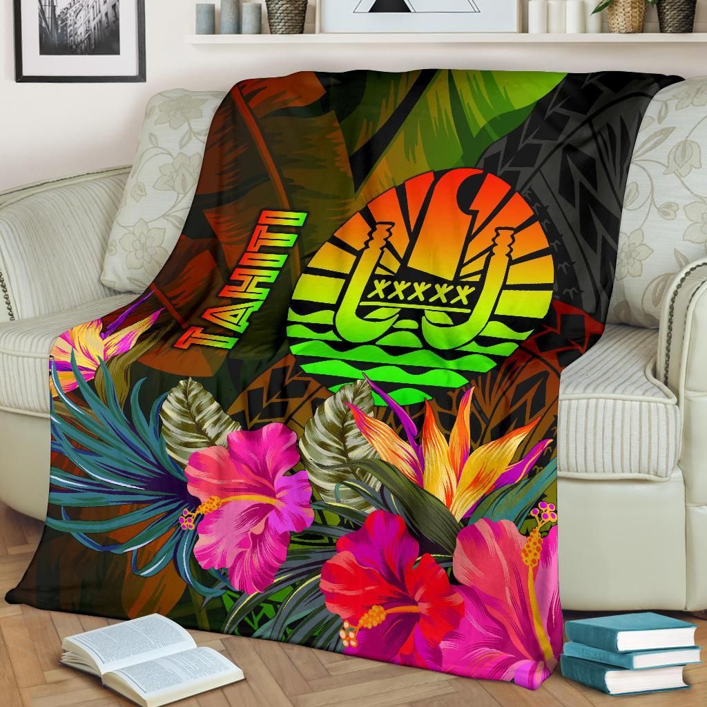 Tahiti Polynesian Premium Blanket -  Hibiscus and Banana Leaves