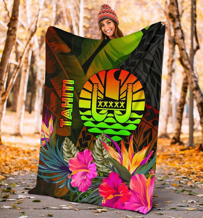 Tahiti Polynesian Premium Blanket -  Hibiscus and Banana Leaves