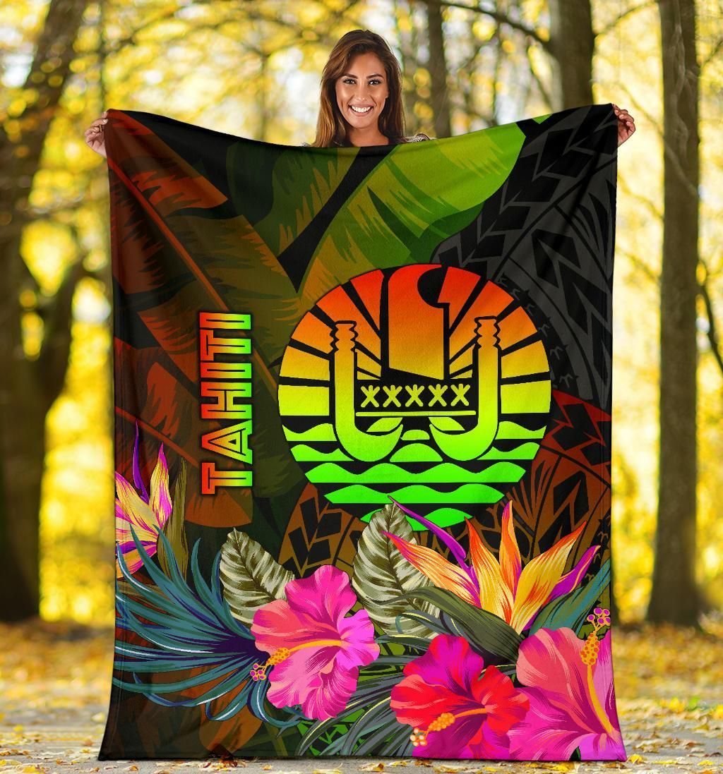 Tahiti Polynesian Premium Blanket -  Hibiscus and Banana Leaves