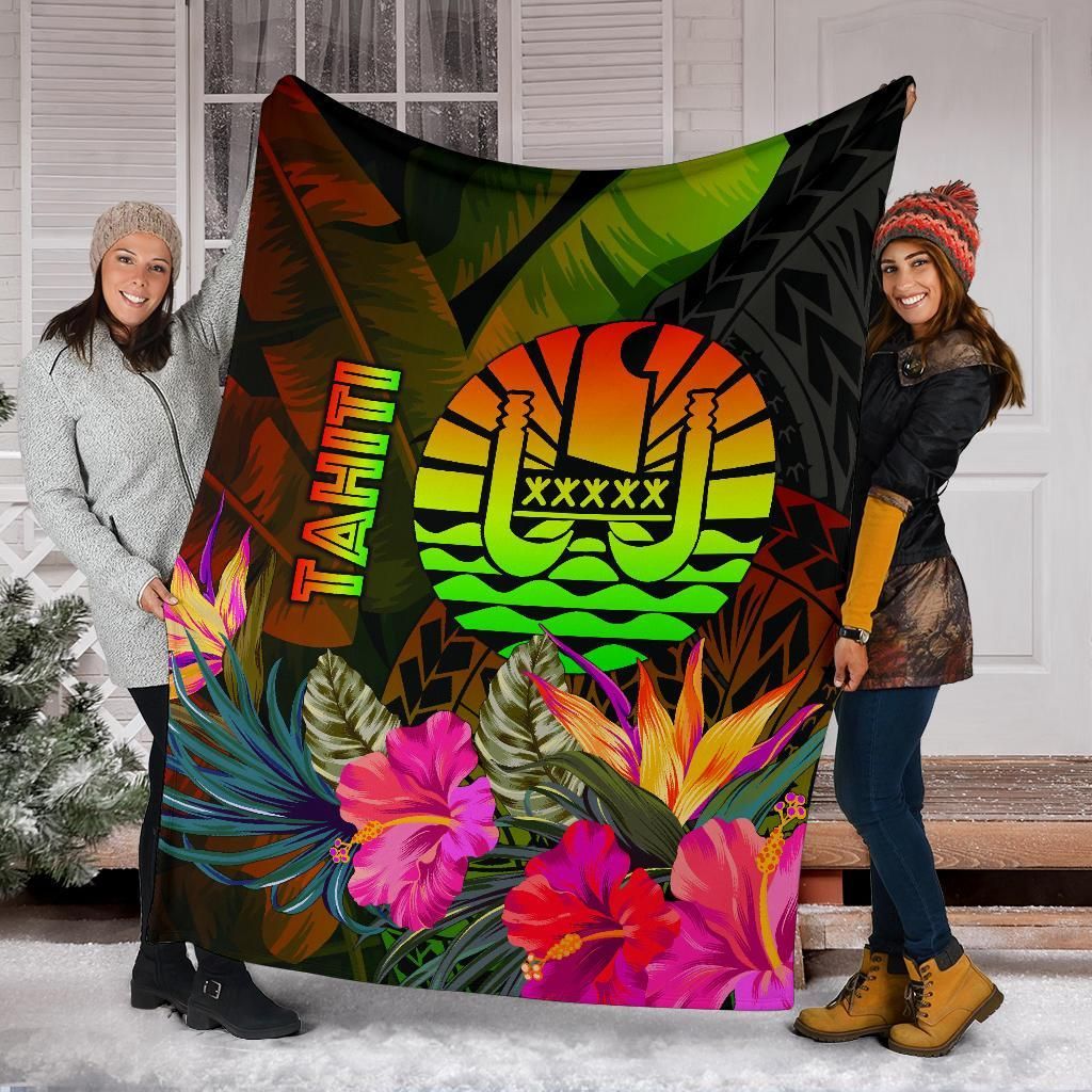 Tahiti Polynesian Premium Blanket -  Hibiscus and Banana Leaves
