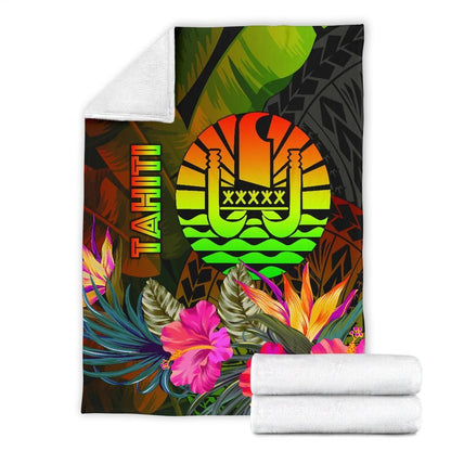 Tahiti Polynesian Premium Blanket -  Hibiscus and Banana Leaves
