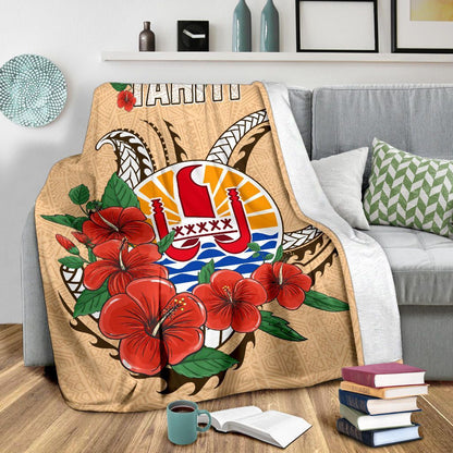 Tahiti Polynesian Premium Blanket - Hibiscus Coat of Arm Beige