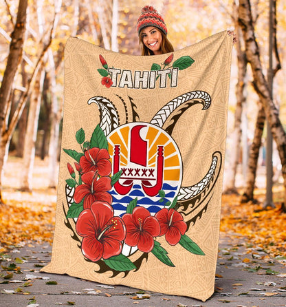 Tahiti Polynesian Premium Blanket - Hibiscus Coat of Arm Beige