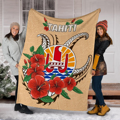 Tahiti Polynesian Premium Blanket - Hibiscus Coat of Arm Beige