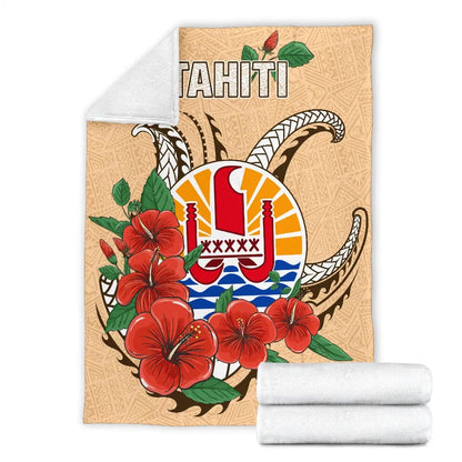 Tahiti Polynesian Premium Blanket - Hibiscus Coat of Arm Beige