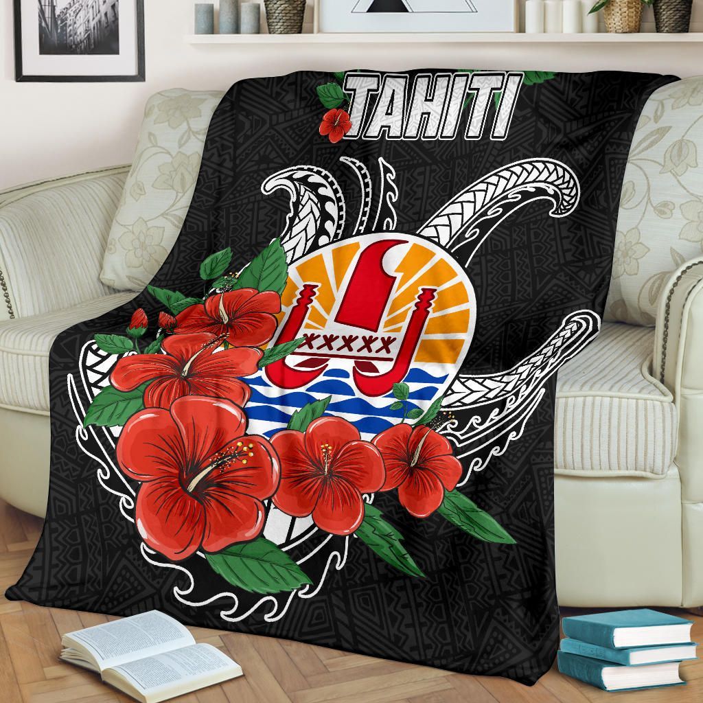 Tahiti Polynesian Premium Blanket - Hibiscus Coat of Arm Black