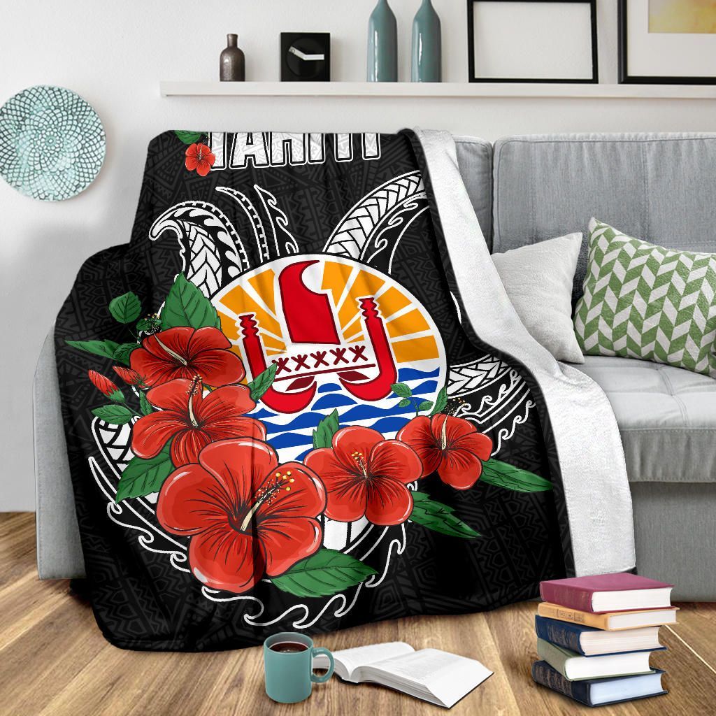 Tahiti Polynesian Premium Blanket - Hibiscus Coat of Arm Black