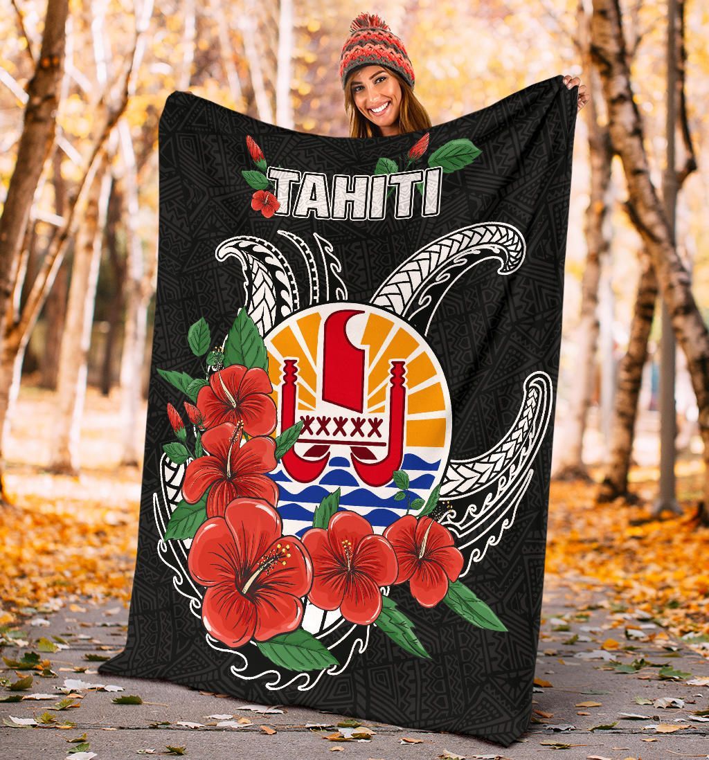 Tahiti Polynesian Premium Blanket - Hibiscus Coat of Arm Black