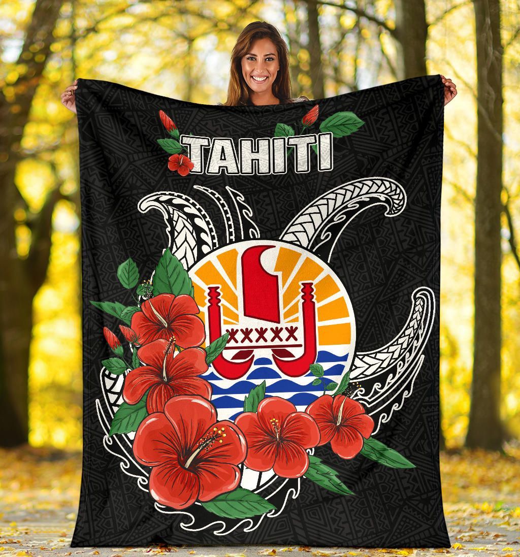 Tahiti Polynesian Premium Blanket - Hibiscus Coat of Arm Black