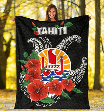 Tahiti Polynesian Premium Blanket - Hibiscus Coat of Arm Black