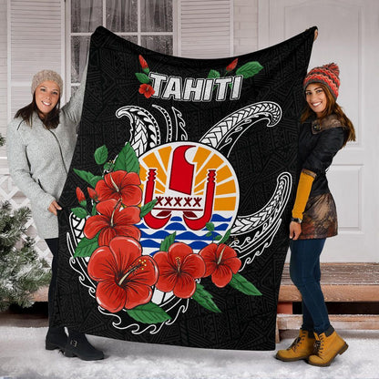 Tahiti Polynesian Premium Blanket - Hibiscus Coat of Arm Black