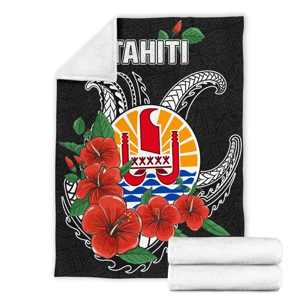 Tahiti Polynesian Premium Blanket - Hibiscus Coat of Arm Black