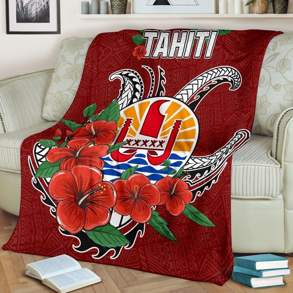 Tahiti Polynesian Premium Blanket - Hibiscus Coat of Arm Red