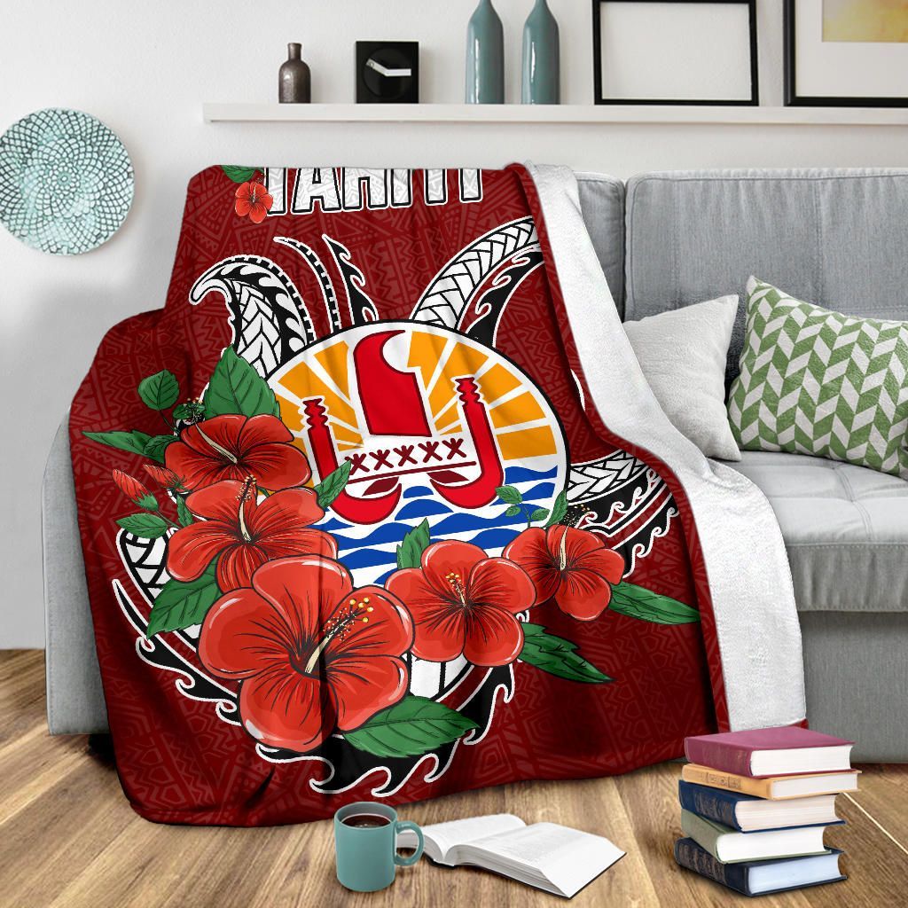 Tahiti Polynesian Premium Blanket - Hibiscus Coat of Arm Red