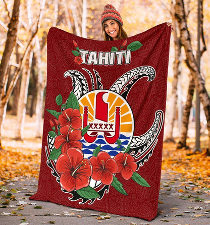 Tahiti Polynesian Premium Blanket - Hibiscus Coat of Arm Red
