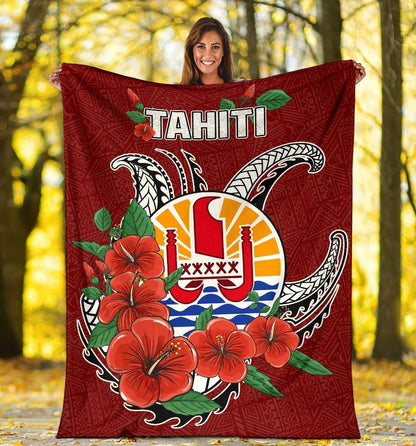 Tahiti Polynesian Premium Blanket - Hibiscus Coat of Arm Red