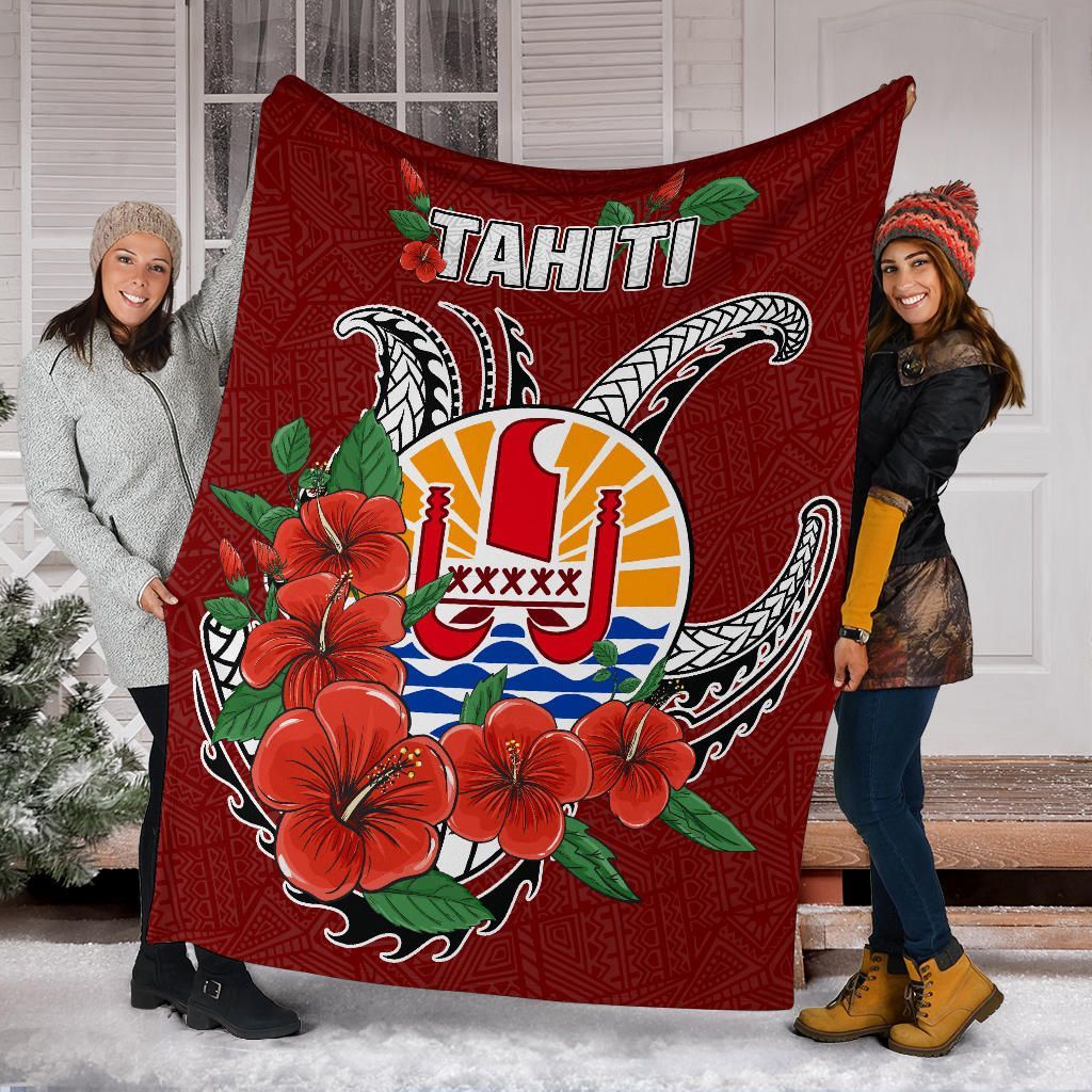 Tahiti Polynesian Premium Blanket - Hibiscus Coat of Arm Red