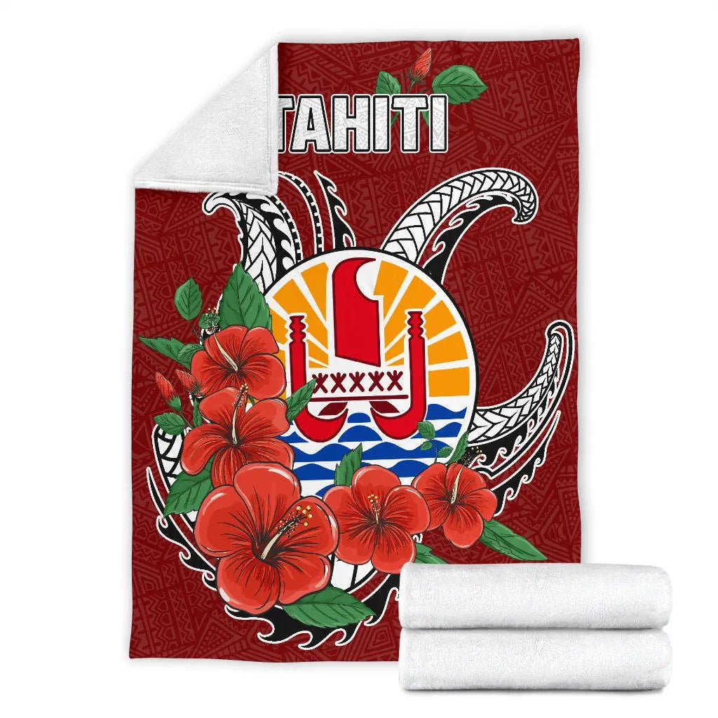 Tahiti Polynesian Premium Blanket - Hibiscus Coat of Arm Red