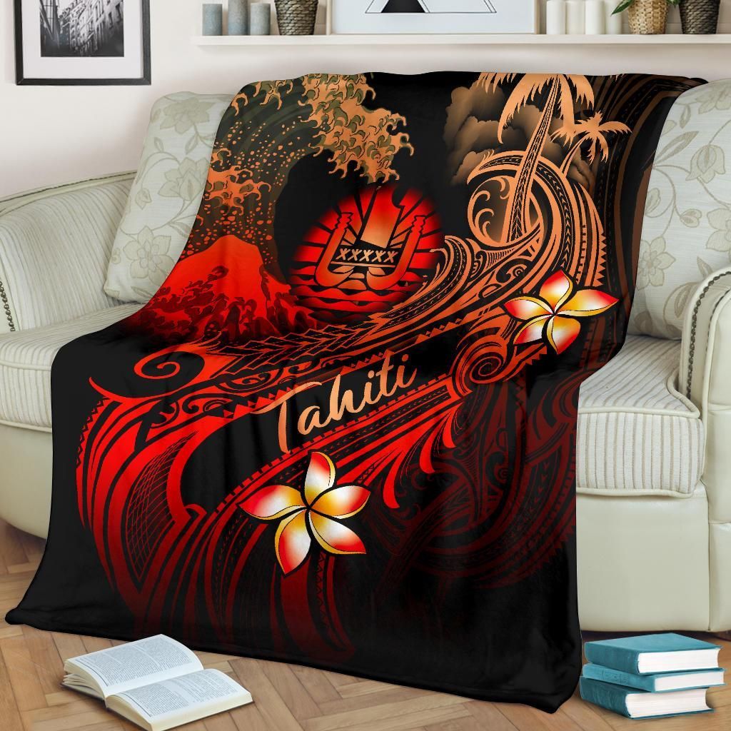 Tahiti Polynesian Premium Blanket - Plumeria Flowers And Waves