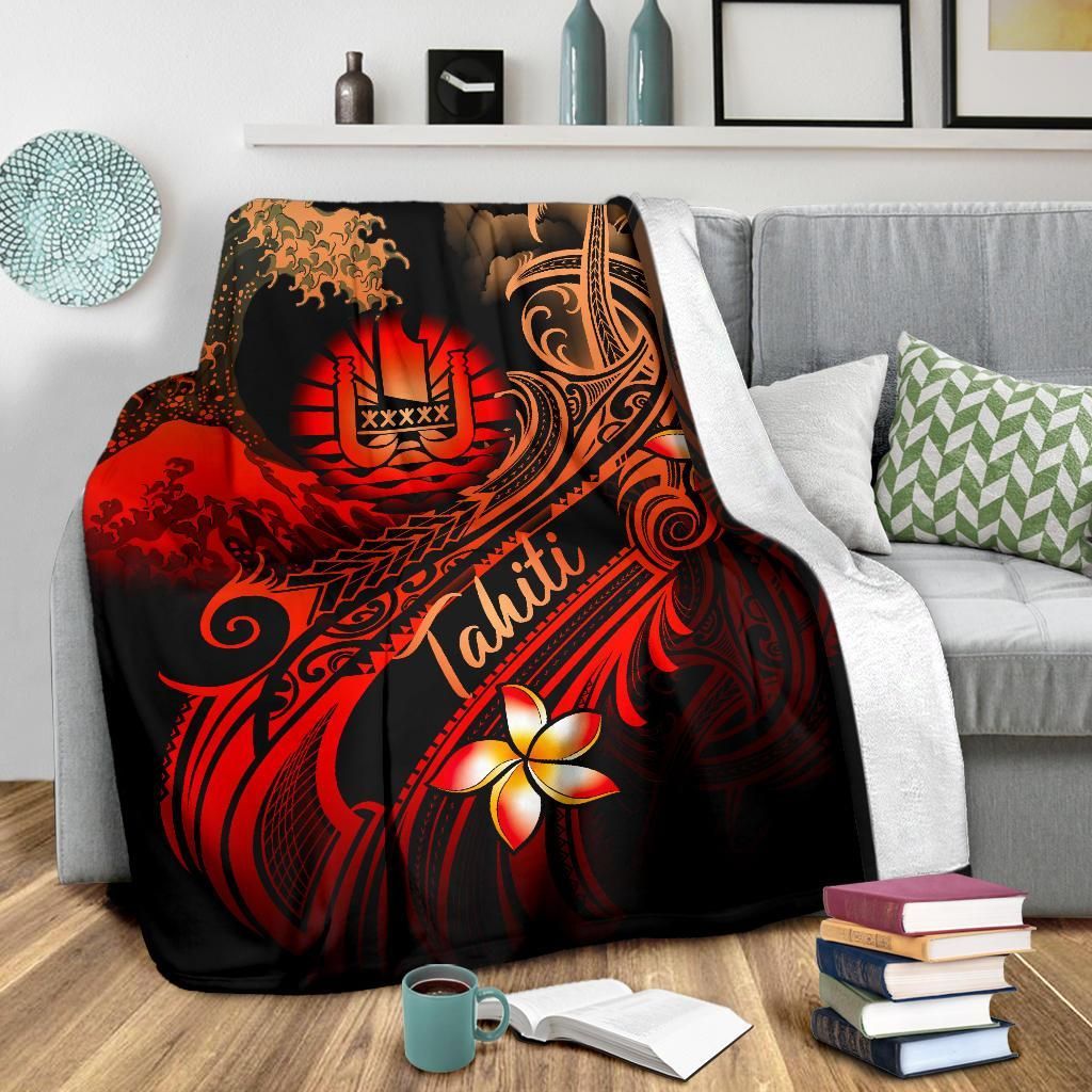 Tahiti Polynesian Premium Blanket - Plumeria Flowers And Waves