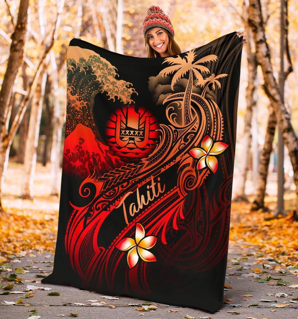 Tahiti Polynesian Premium Blanket - Plumeria Flowers And Waves