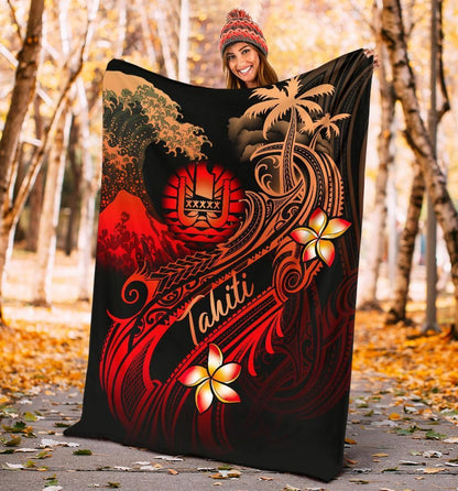 Tahiti Polynesian Premium Blanket - Plumeria Flowers And Waves