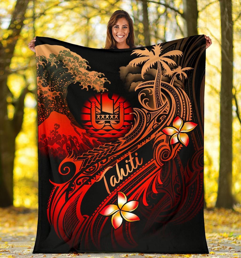 Tahiti Polynesian Premium Blanket - Plumeria Flowers And Waves