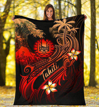 Tahiti Polynesian Premium Blanket - Plumeria Flowers And Waves