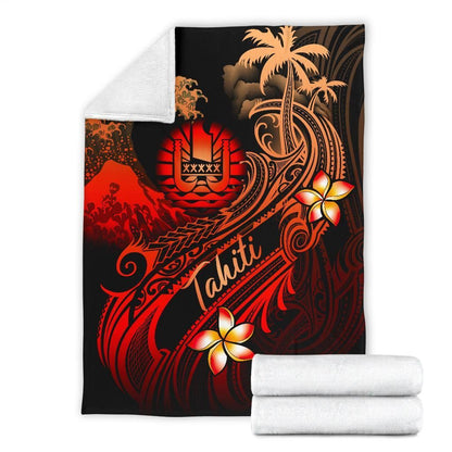 Tahiti Polynesian Premium Blanket - Plumeria Flowers And Waves